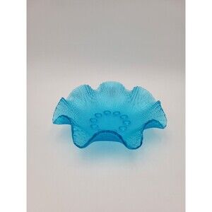 Bright Aqua Blue Ruffled Glass Textured Bowl Waffle Pattern 7.5"